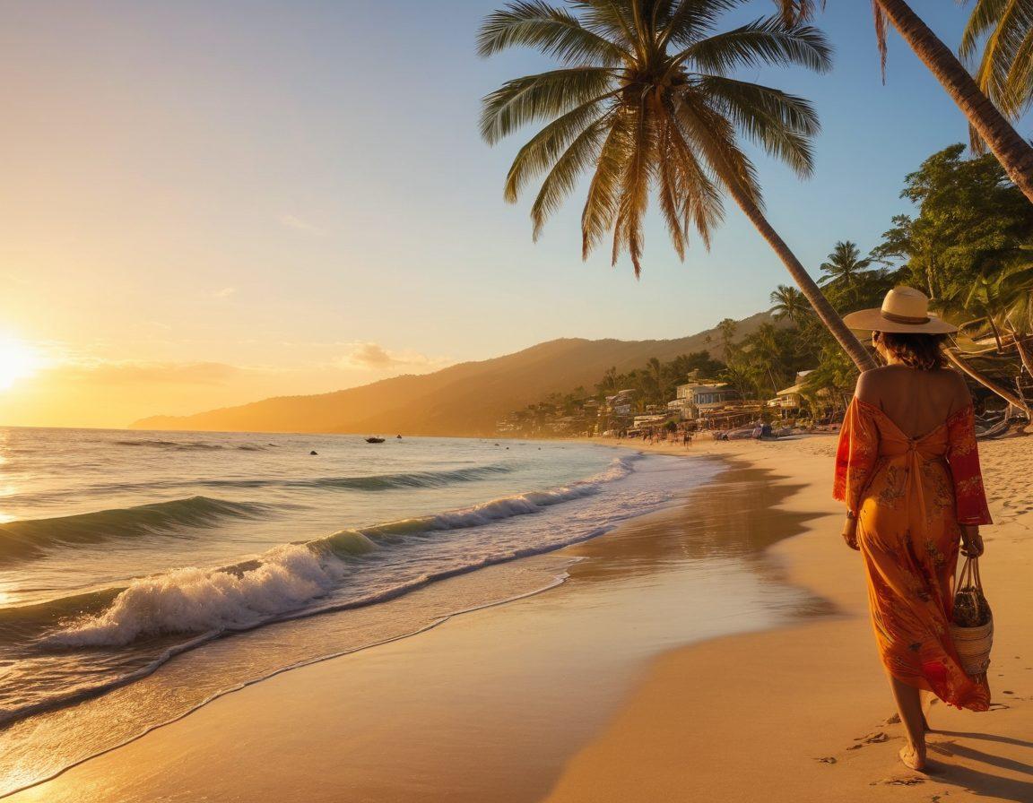 A vibrant beach scene showcasing a diverse group of stylish individuals wearing essential beach fashion, such as colorful swimsuits, sun hats, and cover-ups, with palm trees in the background and the Guatemalan coastline visible. The sun is setting, casting a golden glow, and beach accessories like sunglasses and flip-flops are scattered around. The atmosphere exudes a vacation vibe with waves gently lapping at the shore. super-realistic. vibrant colors. warm tones.