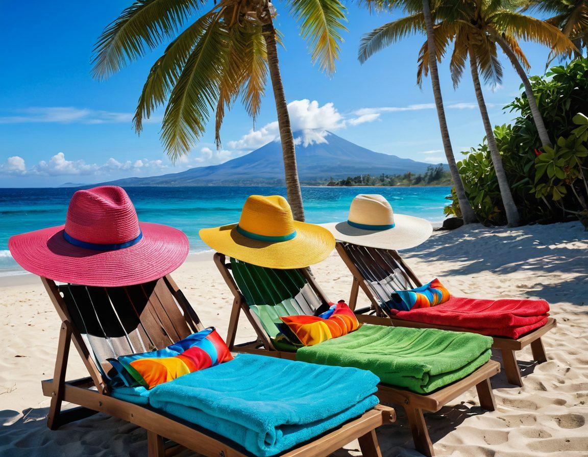 A vibrant beach scene featuring colorful bikinis in various styles draped over sun loungers, surrounded by palm trees and the azure waves of the ocean. Include a Guatemalan landscape in the background, showcasing volcanoes and lush greenery to evoke the adventure. Sunlight sparkles on the water, creating a joyful atmosphere. Capture a sense of relaxation and style, with beach accessories like hats, sunglasses, and towels. super-realistic. vibrant colors. bright and cheerful.